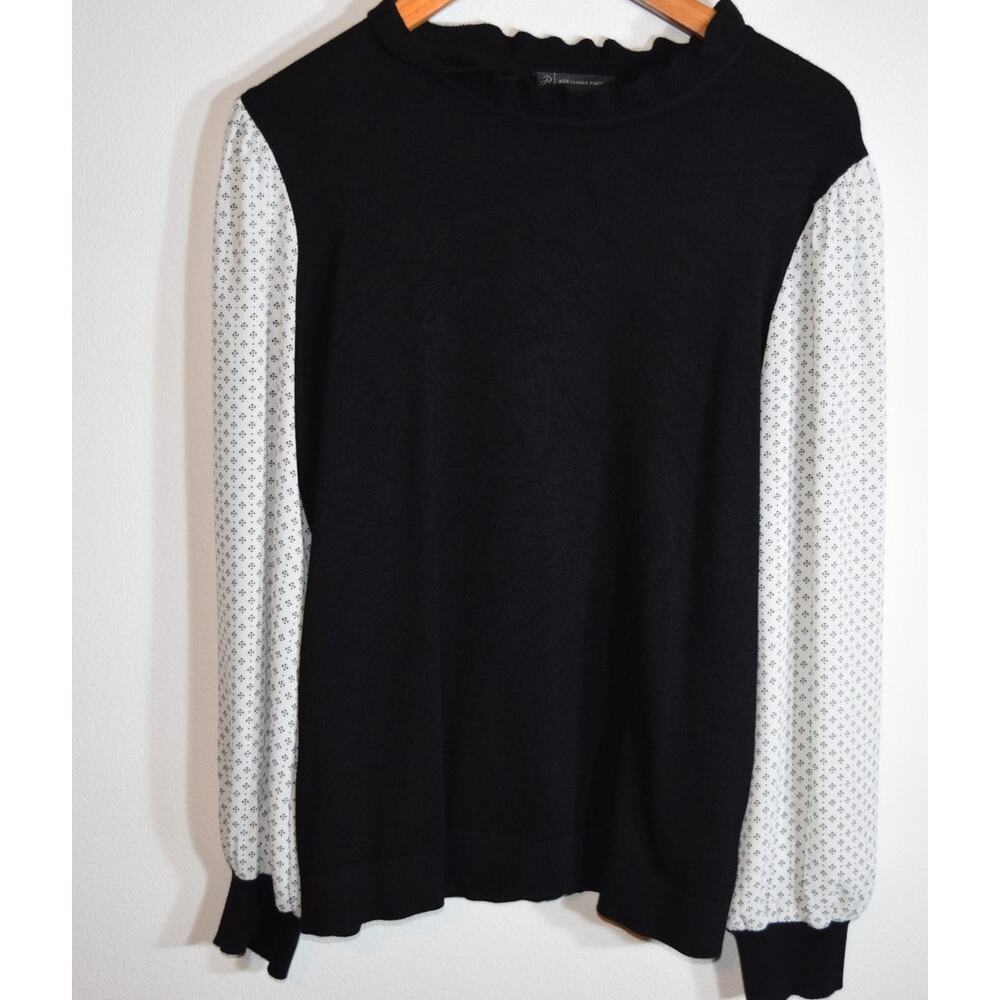 Adrianna Papell Black Knit Sweater Contrast Print Sleeves Long Sleeve Women L
